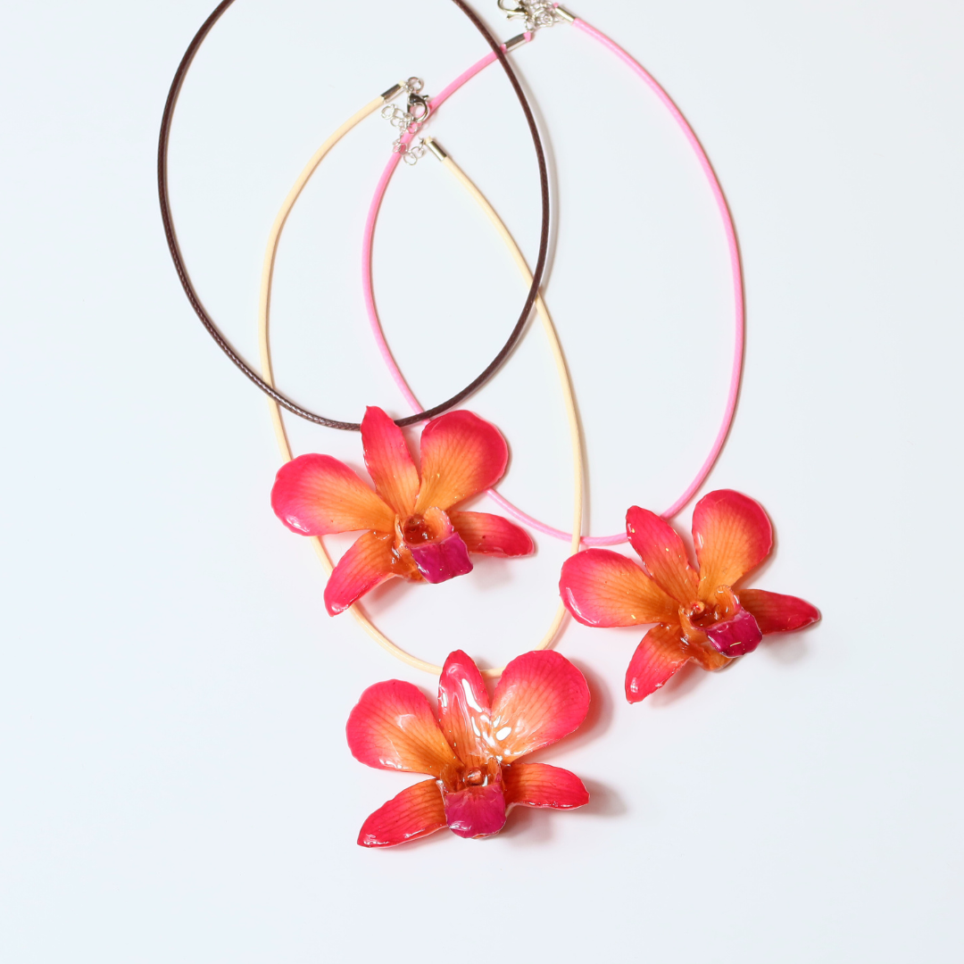 Resin-Cured Pink Thai Orchid (Dendrobium) Pendant Necklace