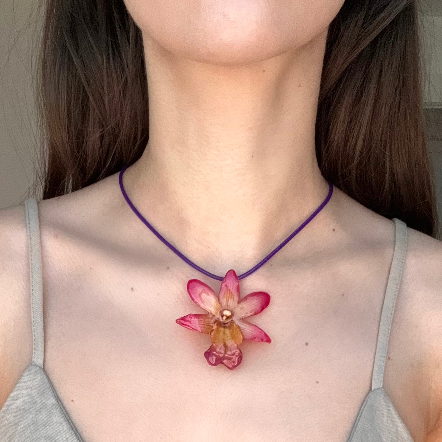 Fuchsia Dendrobium Orchid Pendant Necklace (Style 02)