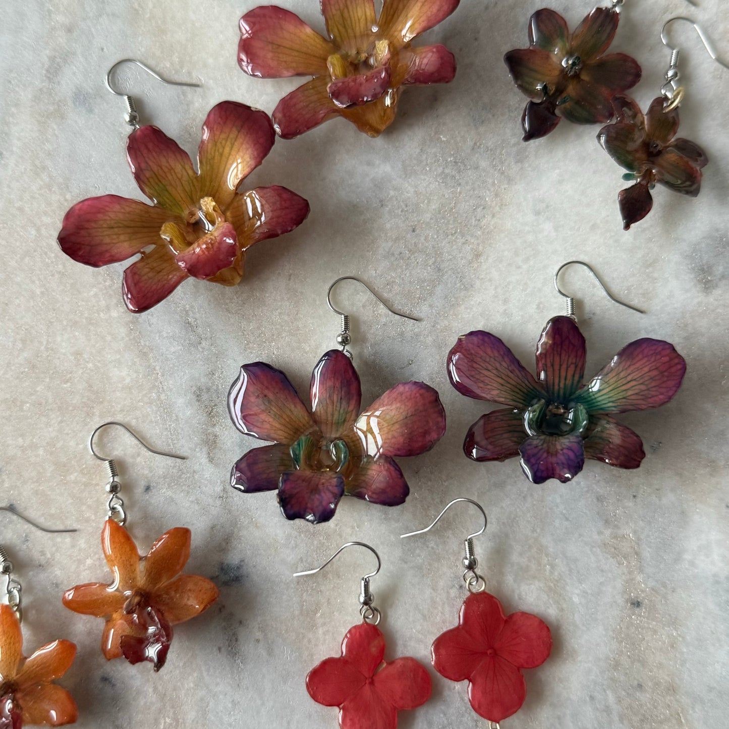Dendobrium Orchid Flower Handmade earrings - Orange Fushcia