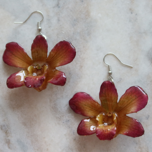 Dendobrium Orchid Flower Handmade earrings - Orange Fushcia