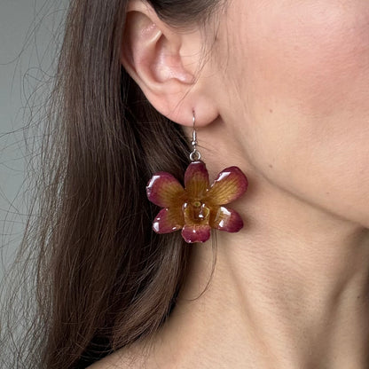 Dendobrium Orchid Flower Handmade earrings - Orange Fushcia
