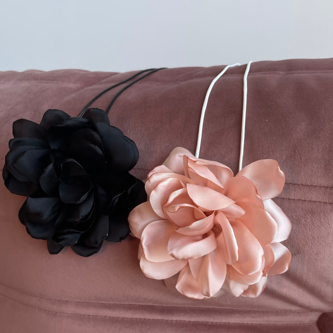 Satin Peony Flower Chokers - Black