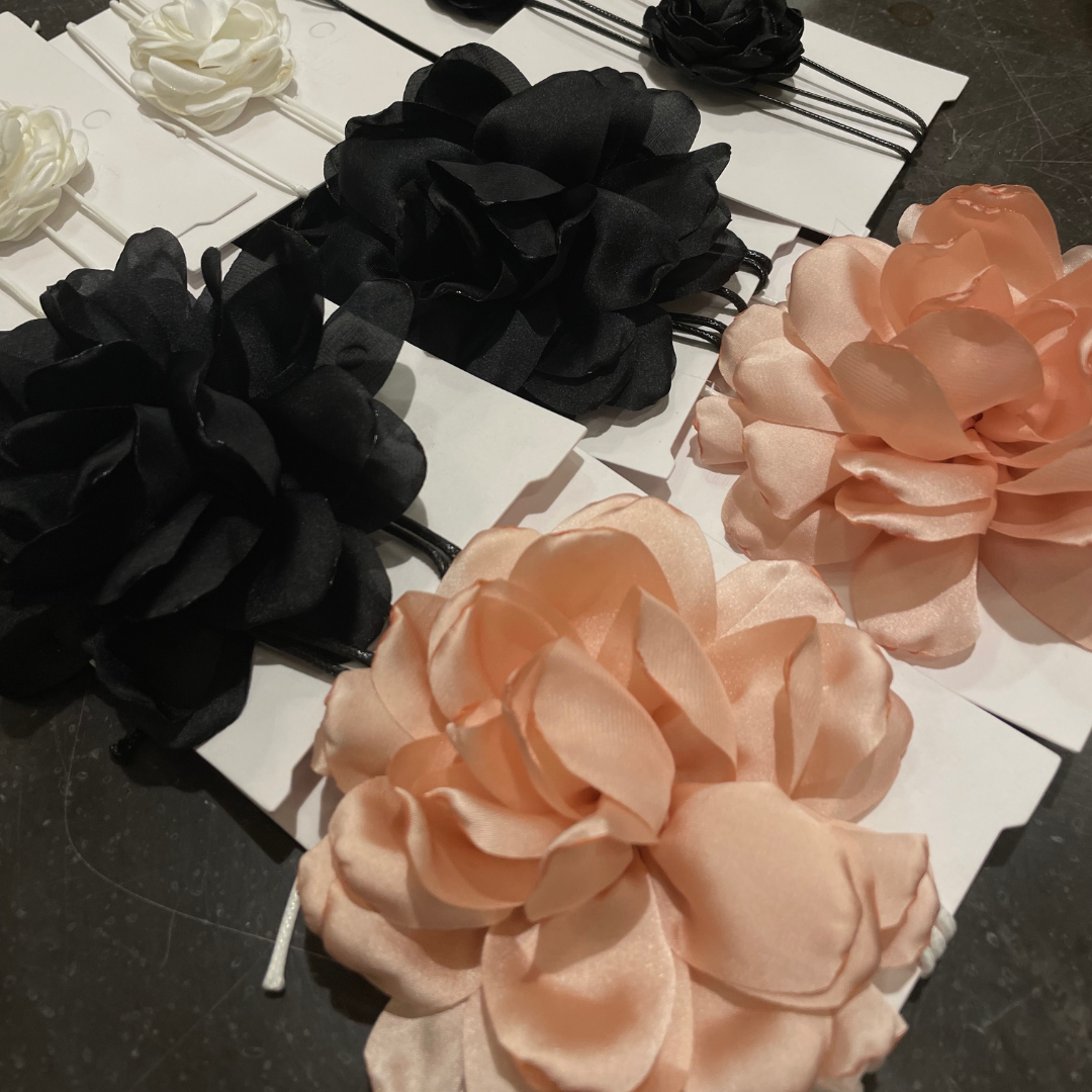 Satin Peony Flower Chokers - Black